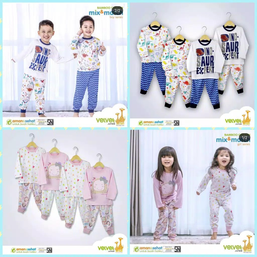 PIYAMA Anak VELVET JUNIOR Katun Bambu Mix and Match Boys and Girls size M-L-XL-2-3-4-5