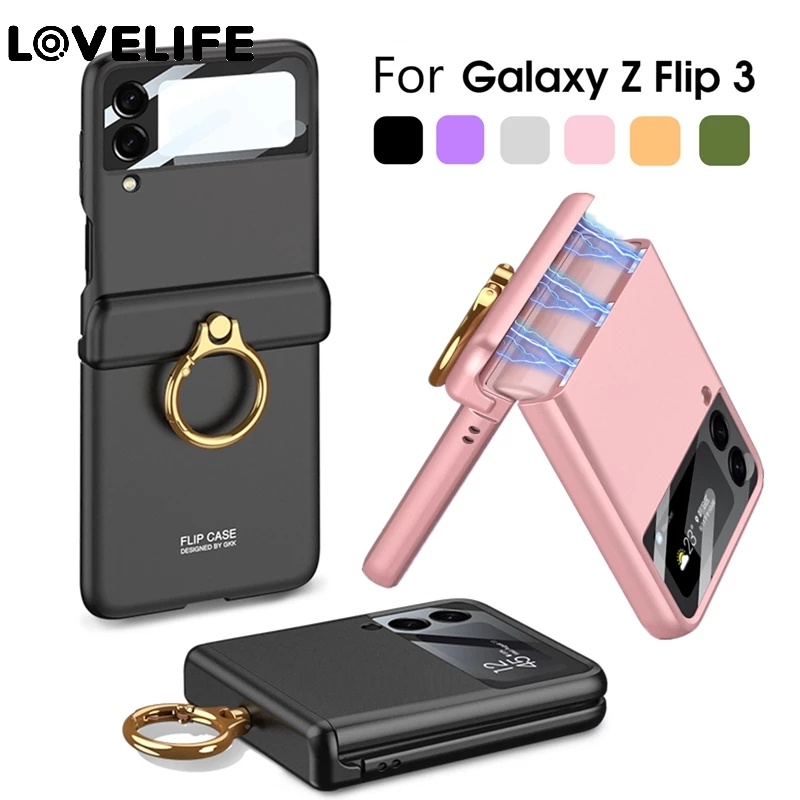 1pc Casing Hard Case Shockproof Dengan Ring Holder Magnetik Untuk Samsung Galaxy Z Flip 3