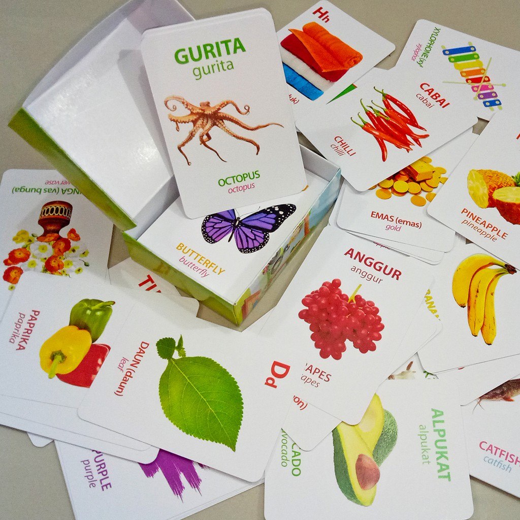 FlashCard 96 Kartu Edukasi - Huruf, Angka, Hewan, Warna Buah, Sayur 2 Bahasa Indonesia dan Inggris