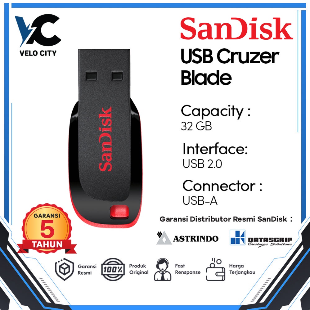 Flashdisk 32GB  Sandisk CZ50 Original Garansi Datascript 5Tahun