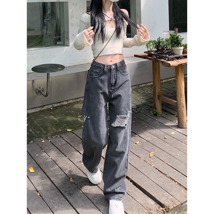 New high waist longgar kekinian korean style robek celana jeans panjang wanita