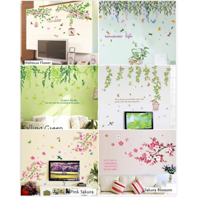 Wallsticker Sticker Hiasan Dinding Motif Bunga Rumput Gantung Kaktus Sukulen Sakura Sunflower Tulip Lily 60x90cm