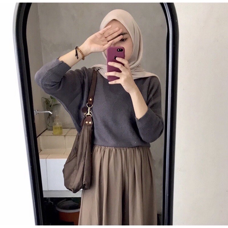 BLOUSE BAJU RAJUT BATWING | ATASAN WANITA MODEL KELELAWAR | OUTER RAJUT KALONG KNIT-Grey
