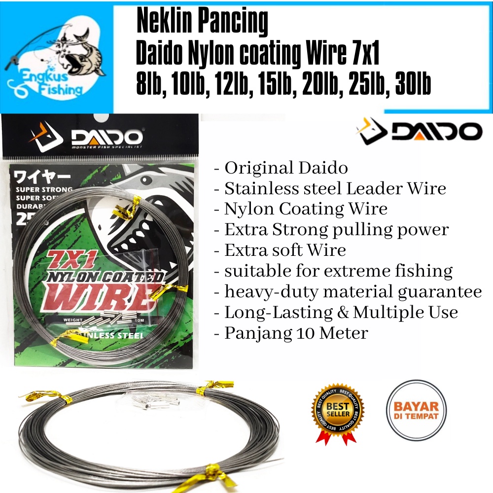 Neklin Pancing Daido Nylon Coating Wire 7x1 (6Lb-100Lb) 10 Meter Stainless Steel Murah - Engkus Fishing