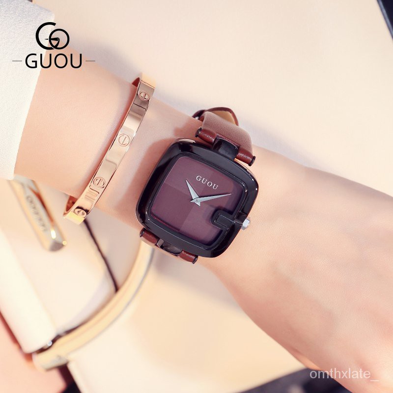 【Factory Outlet】GUOU Black Unique Square Watches for Women Big Face Dial 35MM Female Quartz Simple Ladies Wristwatch【COD】【100% Ori】【With box】