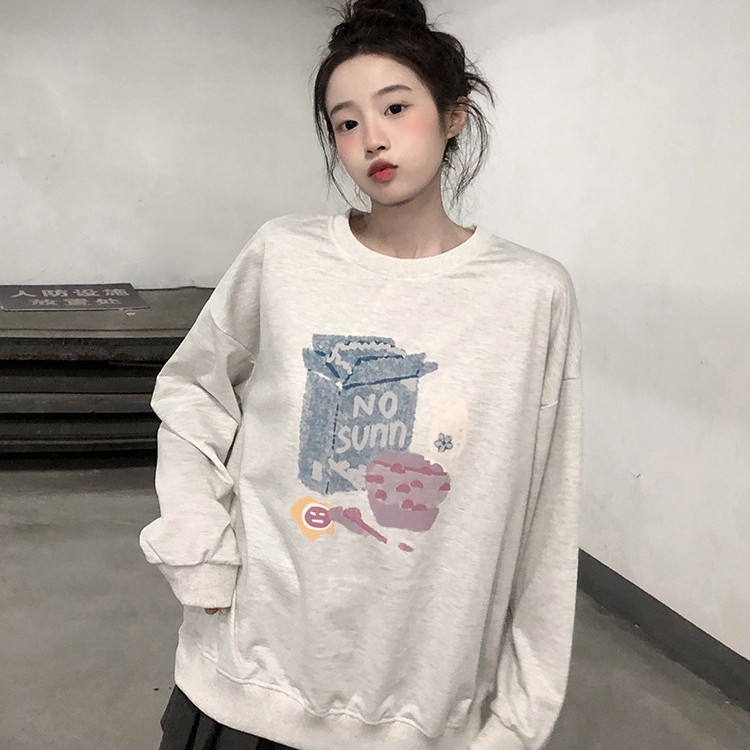 Kotak Cat Air Bermotif Leher Bulat Sweater Lengan Panjang Longgar Untuk Wanita