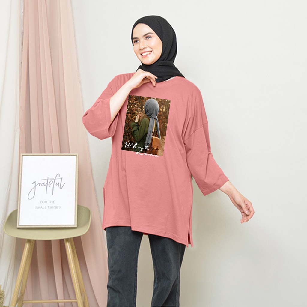 KAOS OVERSIZE TOP HIJAB WANITA BASIC DTF  HIJAB WHAT / OVERSIZE SLIT BLOUSE DIGITAL PRINT