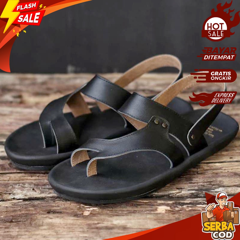 RIOTS BLACK - Sandal Casual Pria Kulit Asli Sendal Jepit Temali Original Murah Terbaru Kekinian JAVI