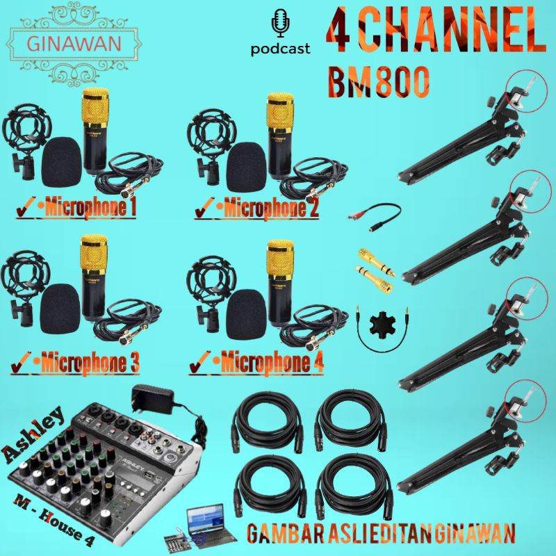 PAKET LENGKAP PODCAST 4 ORANG Mic BM800 BM 800 Mixer ASHLEY Audio Recording