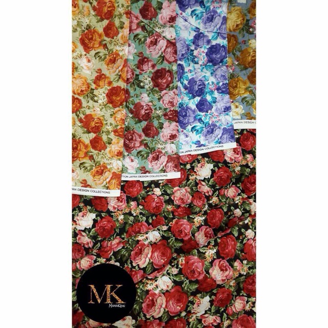 Kain Katun Jepang Motif Bunga Merah Rose Pink Mawar Sakura Bahan Japan Cotton