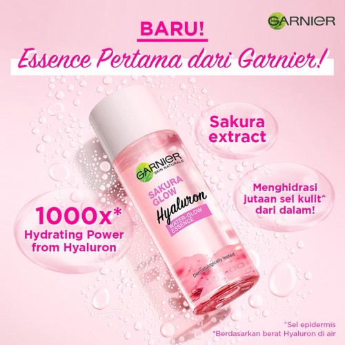 Garnier ESSENCE SAKURA Glow White Hyaluron WATER GLOW / PINKISH RADIANCE Essence Lotion - 100ml / 30ml - Skincare Kulit Glowing White - Ukuran Besar Kecil Hyaluronic Acid Garnier Pink Toner Hydrating Pinkis Esence Esens Essens Essen