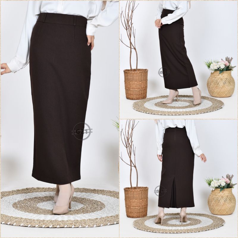 Rok Kerja Kantor Hitam Panjang Span Wanita Bahan Dasar Formal Ukuran Standar dan Jumbo Rok Skirt Hitam Span Panjang Kantor Formal Wanita Model Biron Belah Belakang Tertutup 01-Coklat