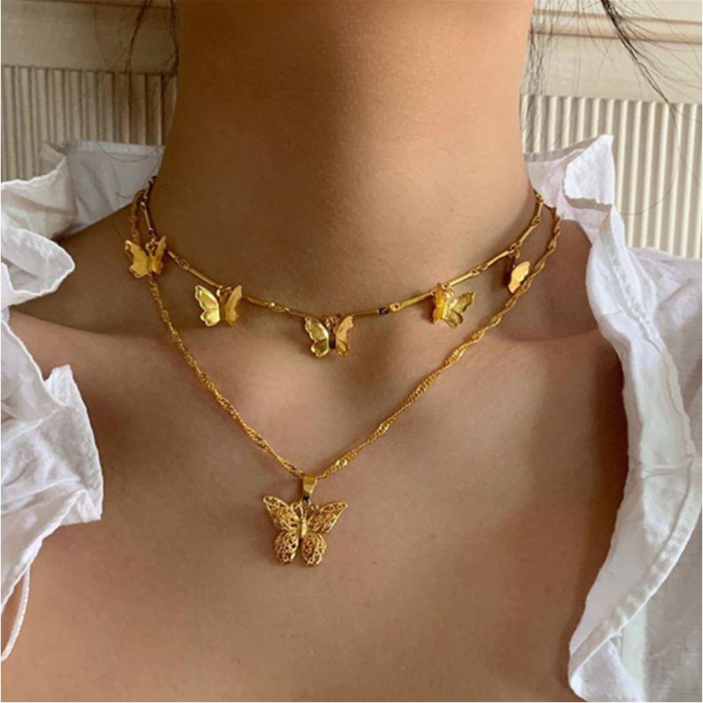 Kalung Rantai Tumpuk Wanita 2  LAYERS BUTTERFLY Kupu-Kupu Gaya Korea Fashion Women Necklace Cewek