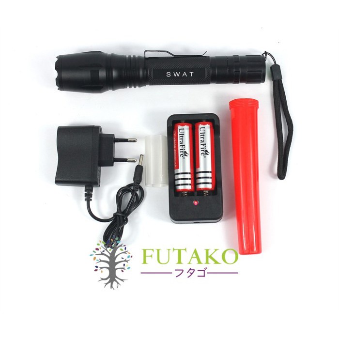 FUTAKO Senter Led T6 Police Swat Flashlight 208T6 LED Putih Gratis 2 Batere dan 2 Casan