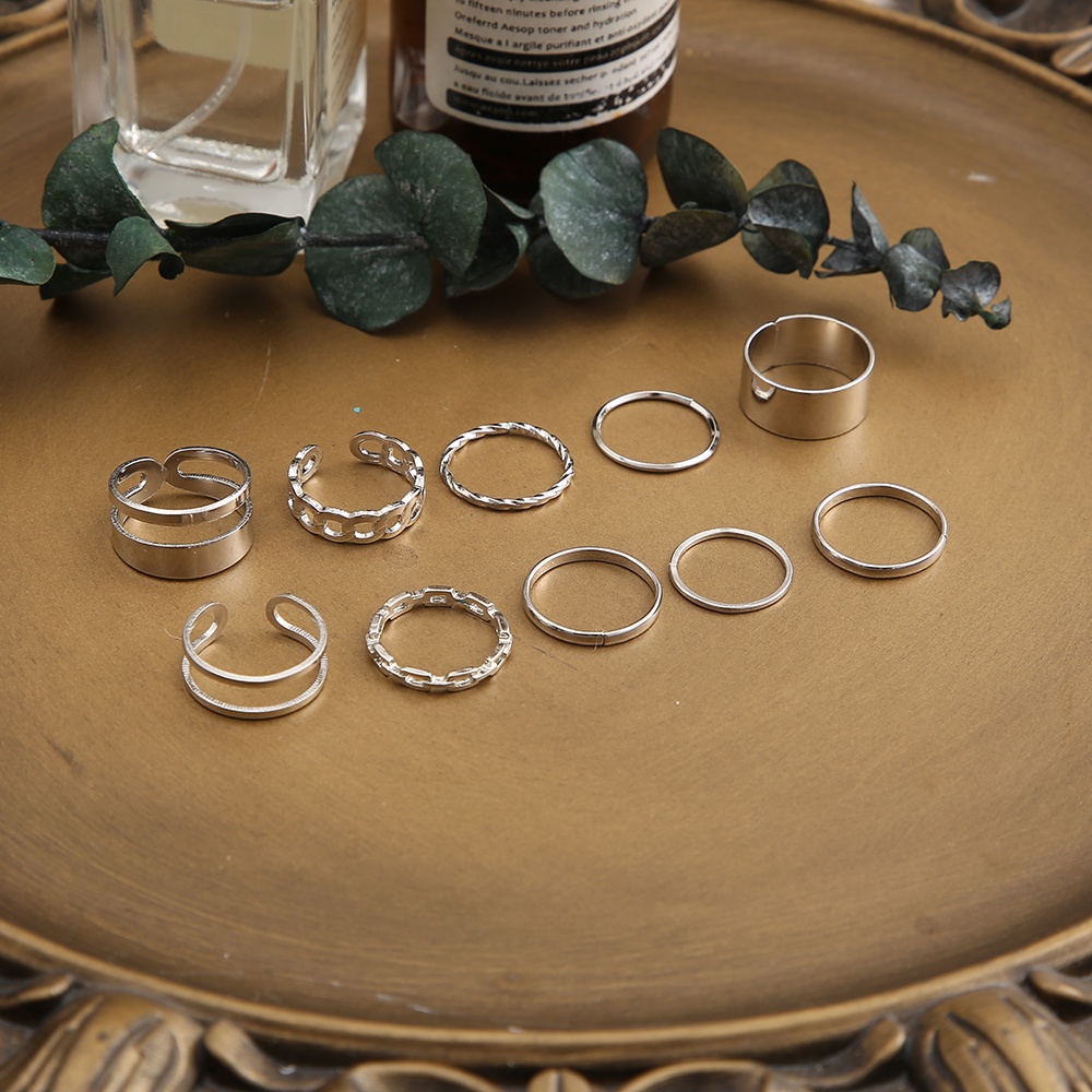 IFYOU 10Pcs/set Vintage Simple Chain Rings for Women Silver Ring Accessories Jewelry