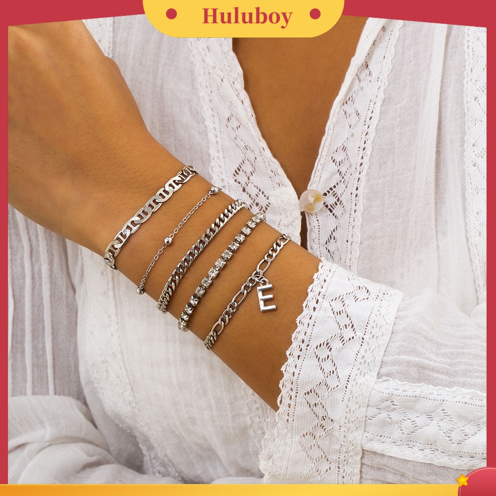 Hu Hu Hu Hu Hu Alat Bantu Pasang Kacamata♡ 5pcs / Set Gelang Rantai Multilayer Adjustable Dengan Liontin Huruf Aksen Berlian Imitasi Untuk Wanita
