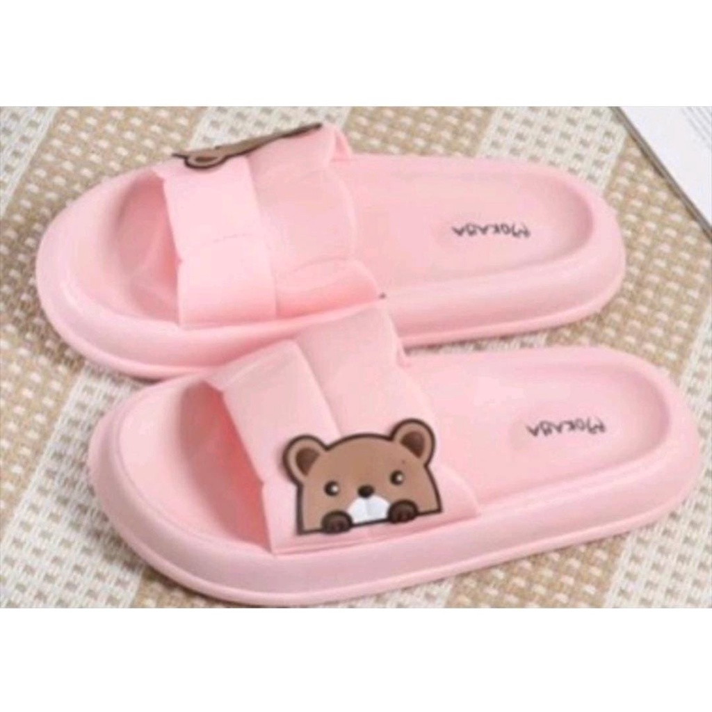 Sandal Slop Jelly Wanita Ban Polos Garis Bear Samping Simple Cute Kekinian Import Mokaya / Size 36-41 (1220)