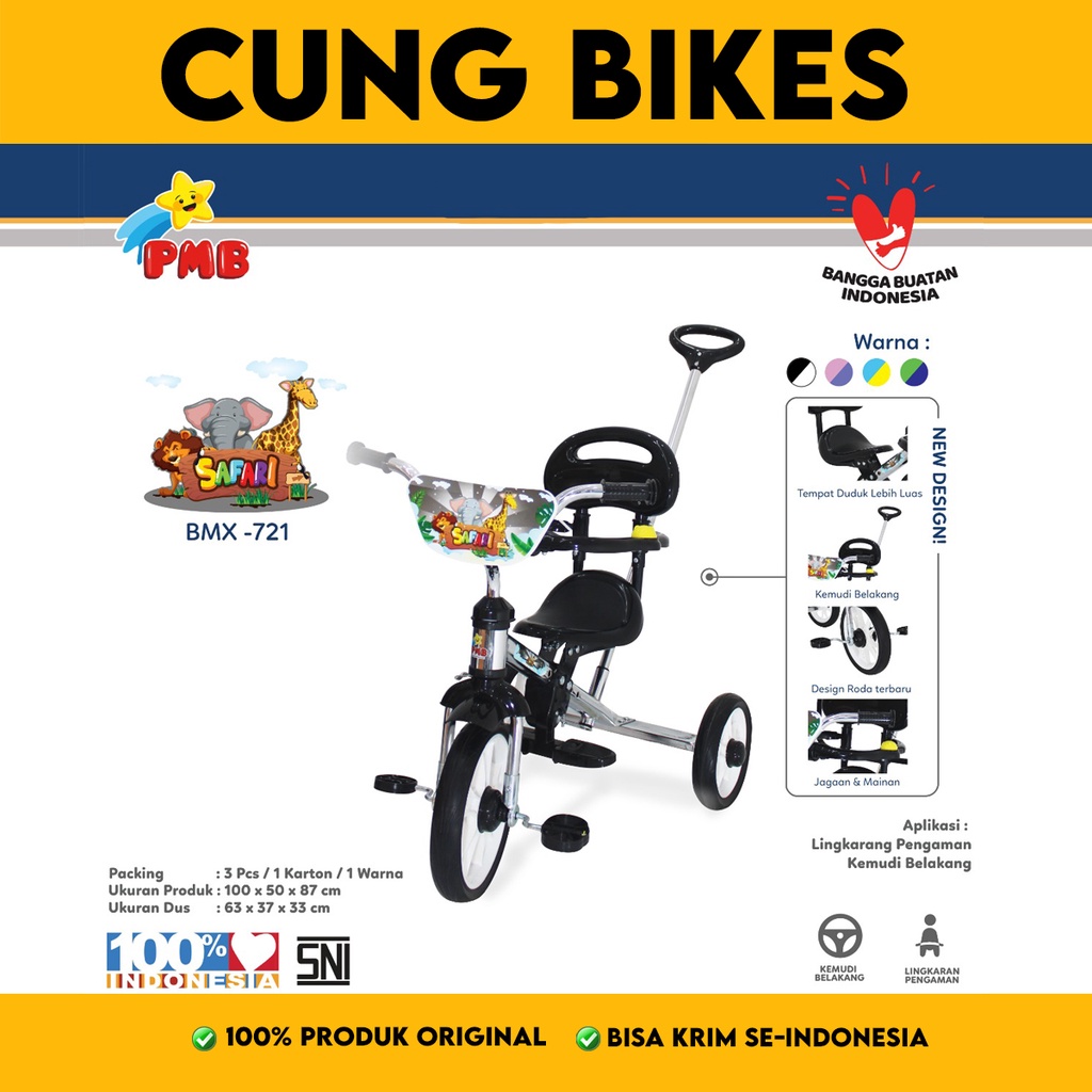 Sepeda anak Roda Tiga PMB Stainless Safari 721 722 BMX Stir dorongan musik