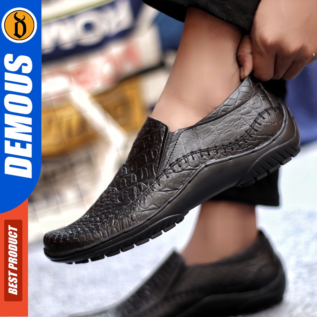 Sepatu Slip On Pria Sepatu Casual Pria Formal Kulit Asli Sepatu Pantofel Kerja Kantor Kuliah Kondangan Sepatu Slop Pria Sepatu Hitam Pria DEMOUS CROCO