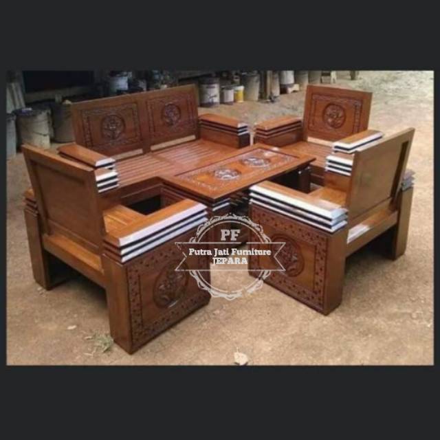 1 set meja & kursi untuk ruang tamu bahan kayu jati motif ukir simpel