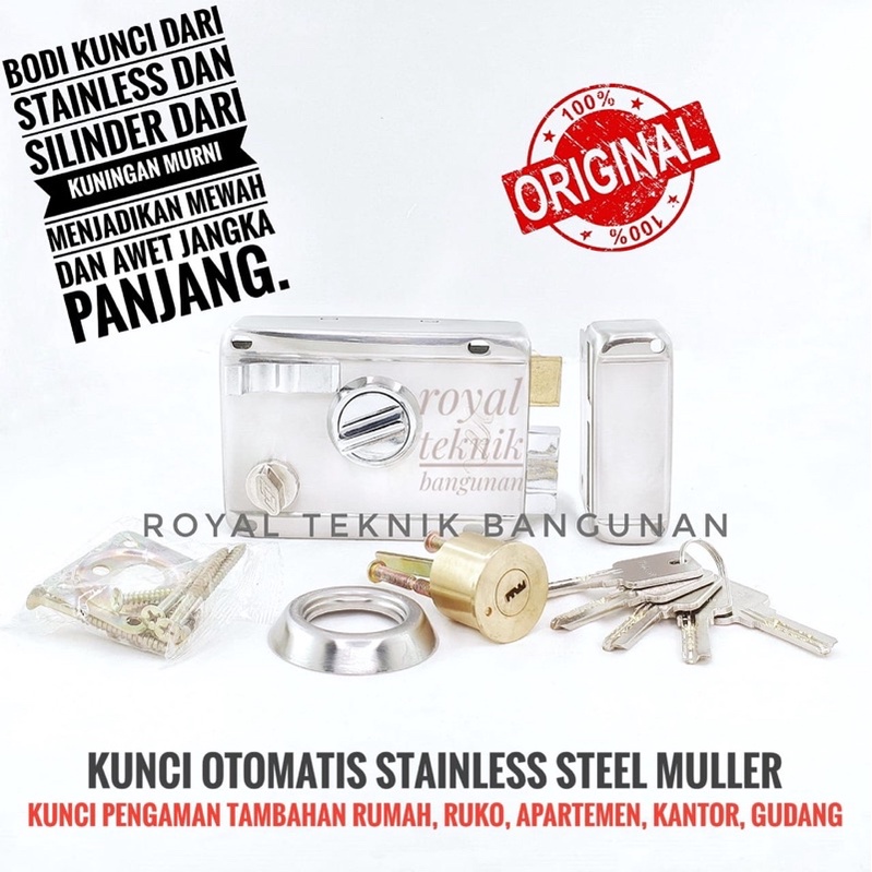 Kunci Pintu Otomatis Stainless 853 SS MULLER / Pengaman Anti Karat Besi Gerbang Garasi Rim Lock