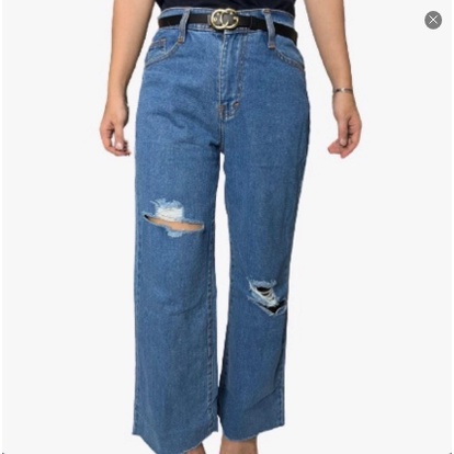 Celana Jeans Wanita Kulot Sobek Biru Langit