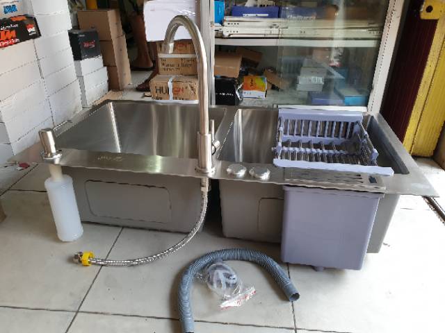 KITCHEN SINK / Bak cuci piring 2 lubang tebal stainless 304 tebal 3mm 82cm PAKET KOMPLIT PROMO