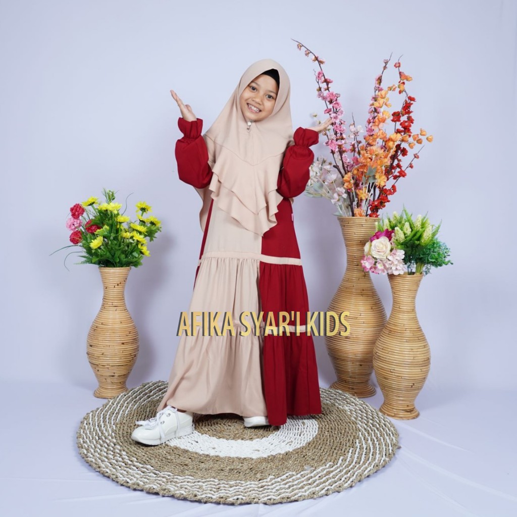 Gamis Anak Syari Polos Tengah Set Khimar (Warna Merah Marron Mix Coklat) (Bahan Wolly Crepe)