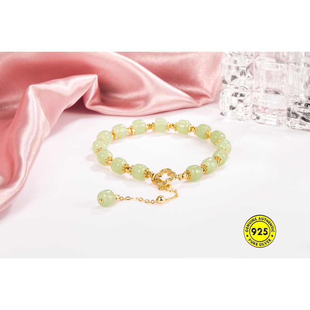 Gelang Tangan Manik-Manik Batu Jade Clover Lapis Emas 18K Untuk Wanita