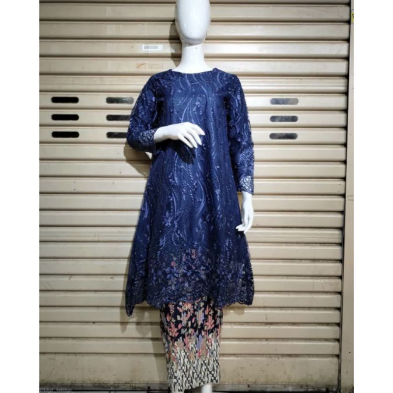 Fanstore Setelan Kebaya JUMBO LD 130 BIG SIZE &Swaroski Tunik Bordir Mutiara-BIRU NAVY