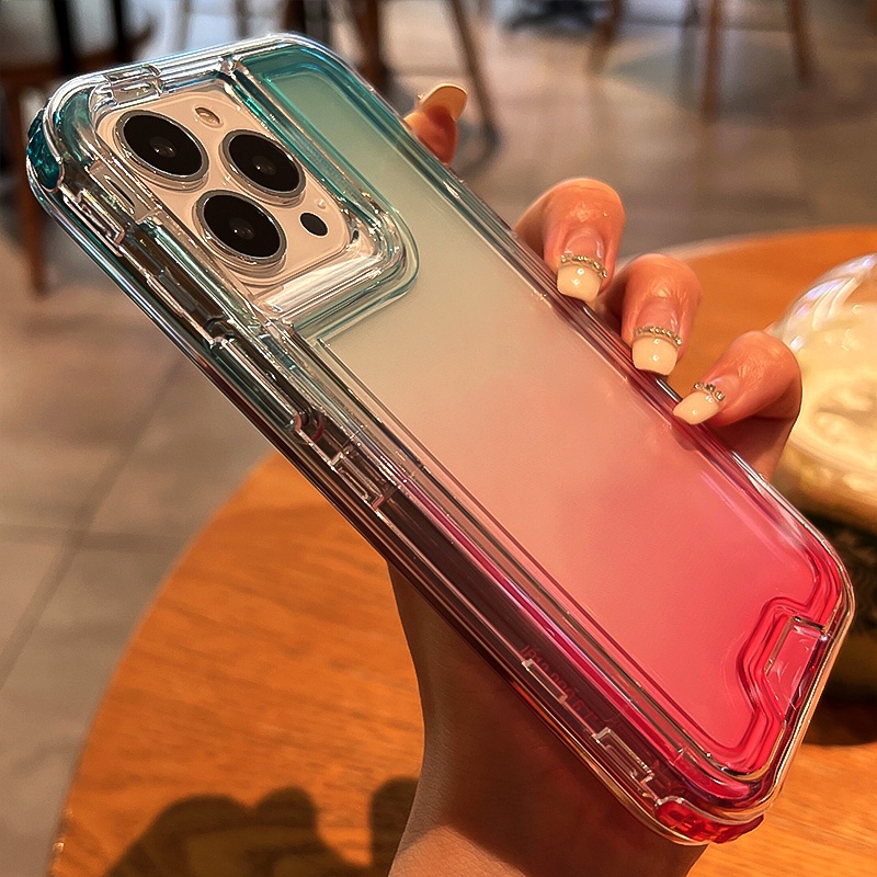 3 IN 1 Case Pelindung Belakang Tahan Banting Warna Gradasi Untuk iPhone 14 13 12 11 Pro MAX XS MAX XR 7 + 8 Plus