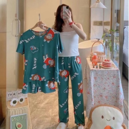 RULIF Baju tidur 5in1 wanita import spandek / Piyama lengan pendek wanita / Baju tidur wanita lengan pendek (free scrunchie)