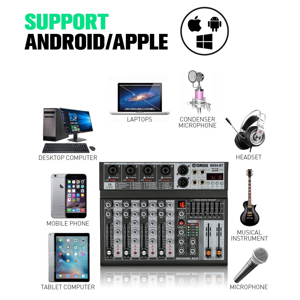 [Asli]  MX04BT mixer profesional 4-channel built-in EQ 16DSP Bluetooth/USB/PC/MP3 playback mode EQ/alat perekam built-in peralatan pencampuran peralatan live DJ