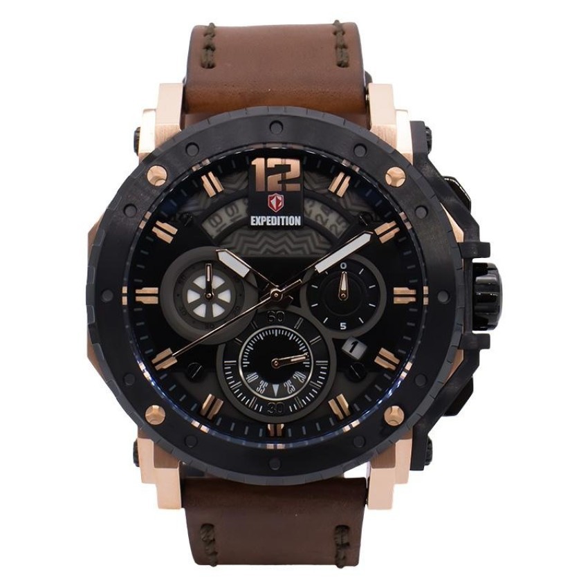 JAM TANGAN EXPEDITION WATCH 6402 PRIA ROSEGOLD BLACK LEATHER BROWN ORIGINAL