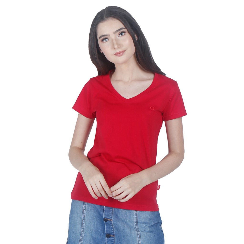 Kaos Wanita Polos Basic Red V Neck Elips