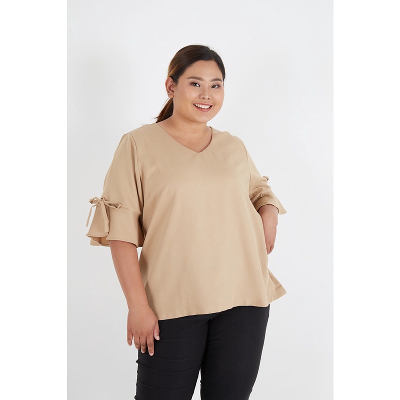Sorabel - Dassara Plain Ribbon Blouse Big Size / Blouse Wanita V Neck Jumbo Lengan 3/4-Brown