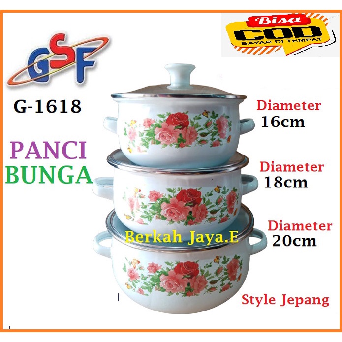 Panci Set Enamel GSF-1618 Panci 3 Susun Tutup Kaca Motif Bunga Jepang-new