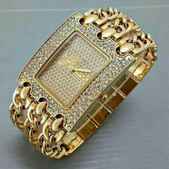 Jam Tangan Guess 3 Rantai Plat Diamond Gold