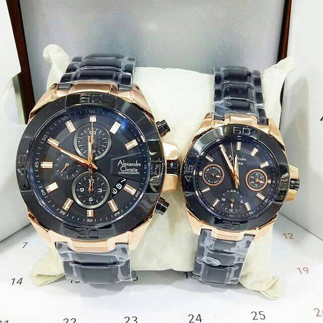 Jam Tangan Couple Alexandre Christie AC6224 Original Black Rosegold