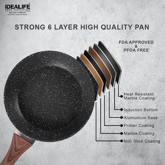 Idealife Deep Frypan 28cm + Glass Lid + Oil Rack + Spatula IL - 28 DFP