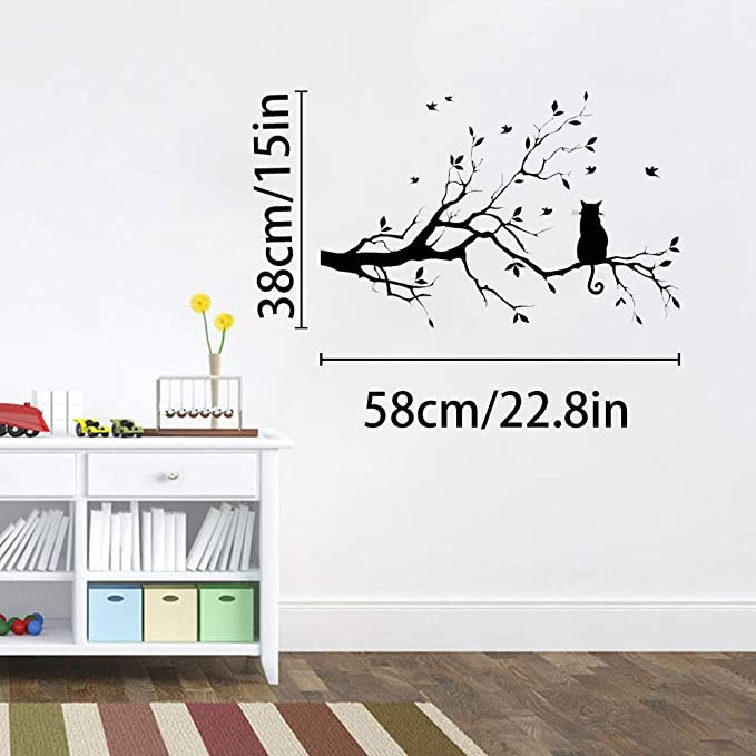 Stiker Dinding Decal Desain Cat on A Tree Branch Untuk Ruang Tamu / Kamar Tidur