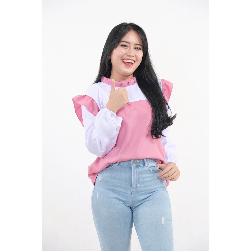 Baju Atasan Wanita Julie Top Blouse Kombinasi Kekinian Kerah Rempel Blouse Korean Style