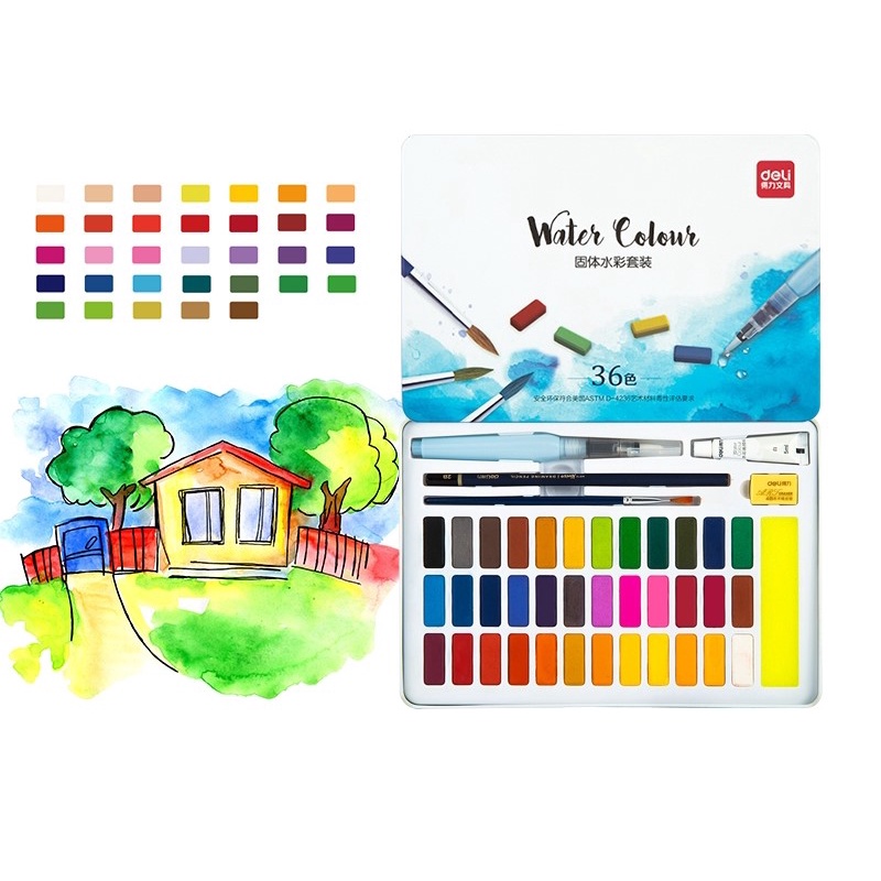 

CAT AIR KERING PADAT SET 36 WARNA DELI WATERCOLOR SOLID + BRUSH KUAS 738 77