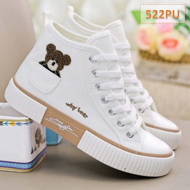 Sepatu Sneakers Wanita Kanvas Keren AS 168 Cewek Whybear High Sole 3 cm Hitam Putih (522)