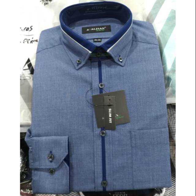 Alisan Kemeja Pria Slimfit Biru Jeans Panjang List Navy Titon