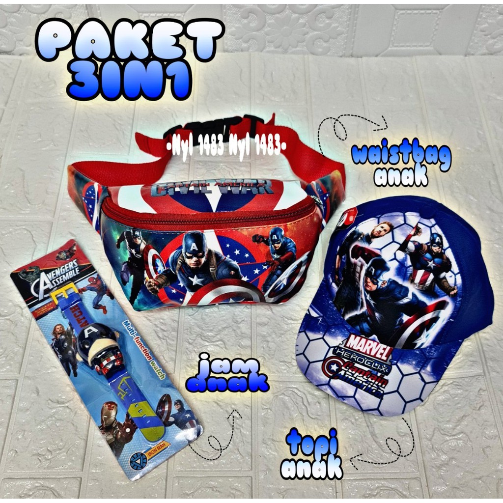 waistbag anak laki laki karakter,3 in1 Waistbag anak/topi anak/jam anak motif captain amerika