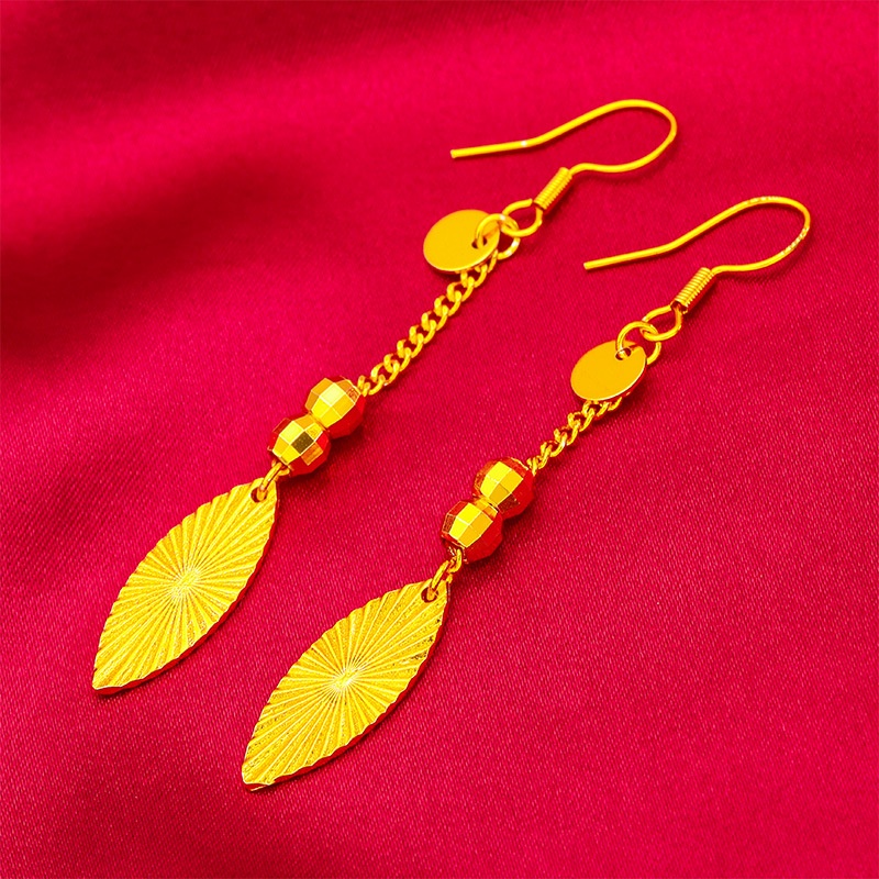 Anting Rumbai Panjang Desain Daun Lapis Emas Asli Kadar 375 Untuk Wanita
