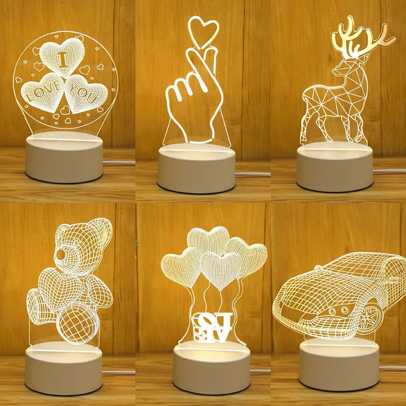 3D Visual Acrylic LED Night Lights/Novelty Illusion Festival Mini Table Lamp/Table Desk Bedroom Decoration Bedside Lamps/USB Cable Christmas New Year Gift