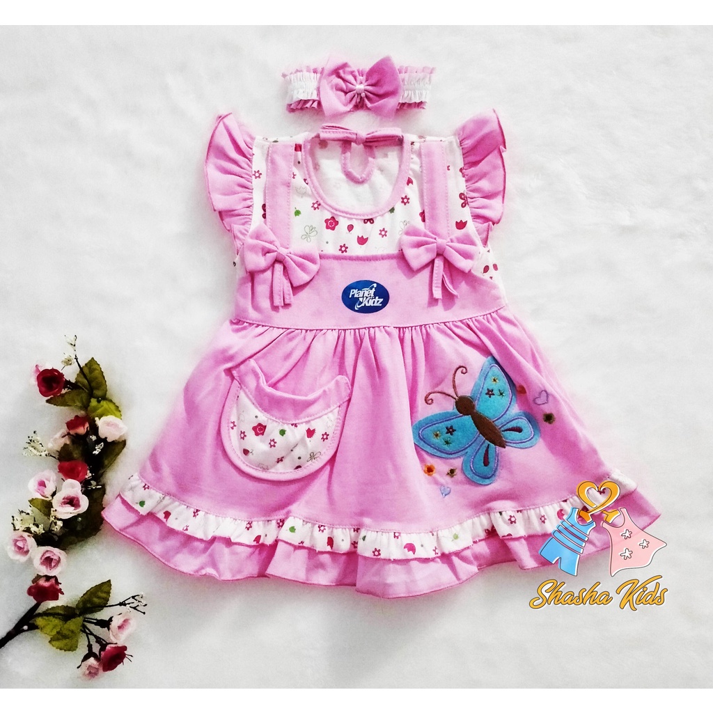 [S-018] Baju Bayi Perempuan /Dress Bayi Perempuan Planet Kids motif kupu -kupu  cantik Murah 0-6 bln Bonus BANDANA &amp; Celana dalam Bayi