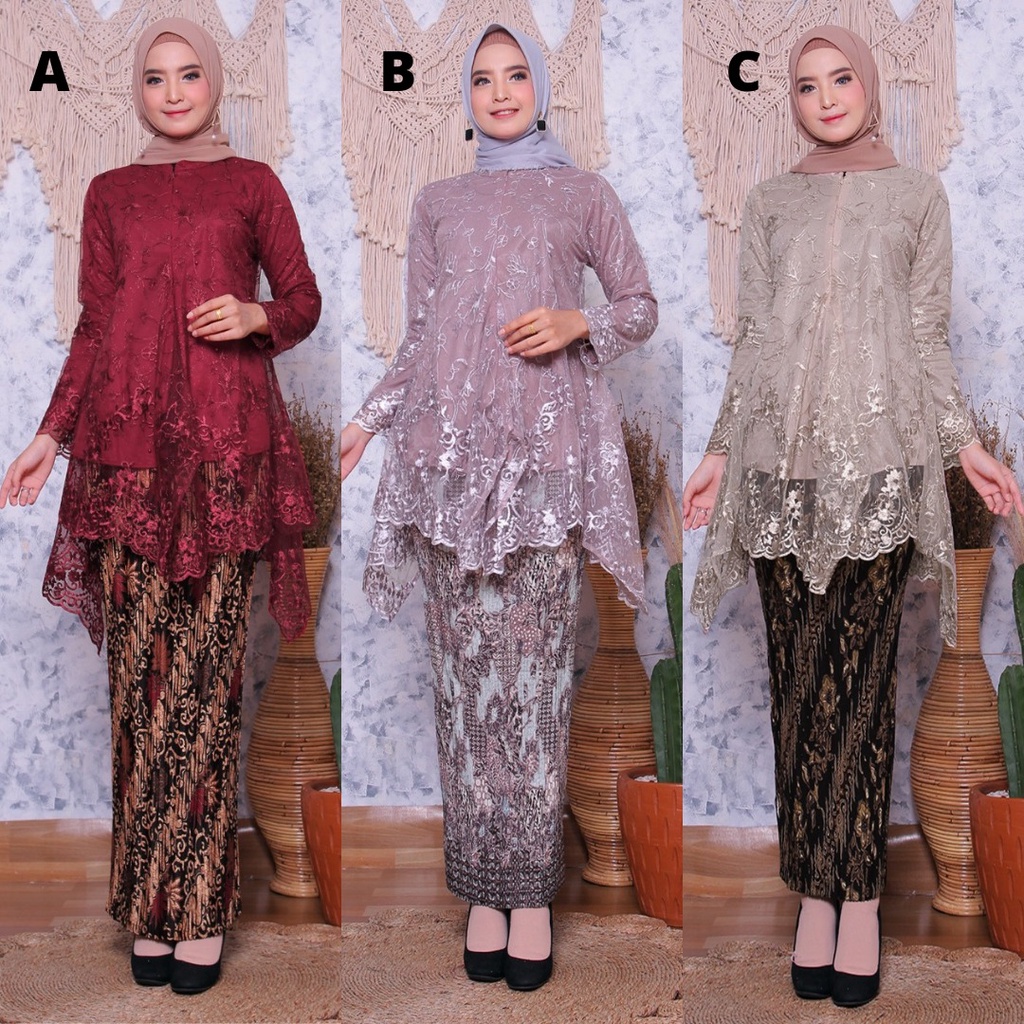 Setelan  Kebaya Modern Tunik Tulle Rumbai / Jubrai Aneka Pilihan Warna